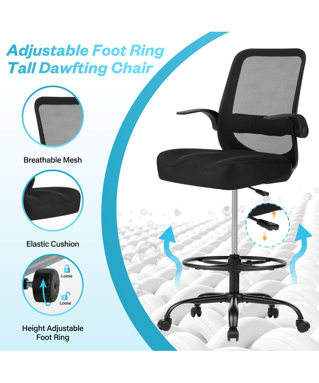 JONPONY 450LBS Office Drafting Chair, Executive Rolling Swivel Chair with Adjustable Foot Ring and Flip-Up Arms, Comfy Extra Deep W-Shape Thicken Cushion, Breathable Mesh Standing Desk Chair, Black