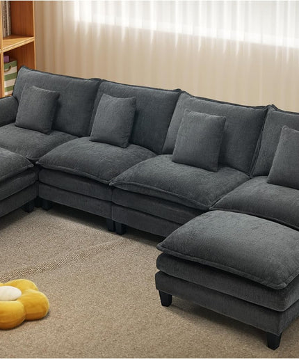 Jonpony Modular Sectional Sofa, Comfy Cloud Couch with Movable Ottoman, Deep Seat Couches for Living Room, Bedroom and Apartment, 106" U Shaped Modern Sofa with Pillows, Beige