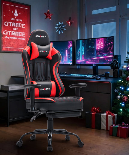 JONPONY Big and Tall 400lbs Gaming Chair with Bluetooth Speakers, Gamer Chair with Footrest and Lumbar Support & 360-Swivel Seat, Ergonomic Gamer Chair with Headrest, Red