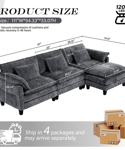 JONPONY 111" Modular Cloud Couch, L Shaped Sectional Sofa with Movable Ottoman,3 Oversized Seats Sleeper Couches for Living Room, Apartment