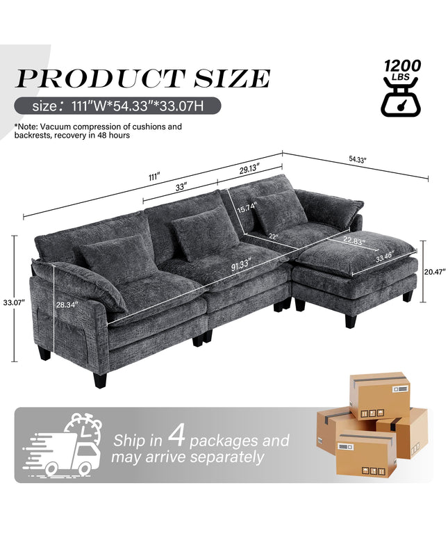 JONPONY 111" Modular Cloud Couch, L Shaped Sectional Sofa with Movable Ottoman,3 Oversized Seats Sleeper Couches for Living Room, Apartment