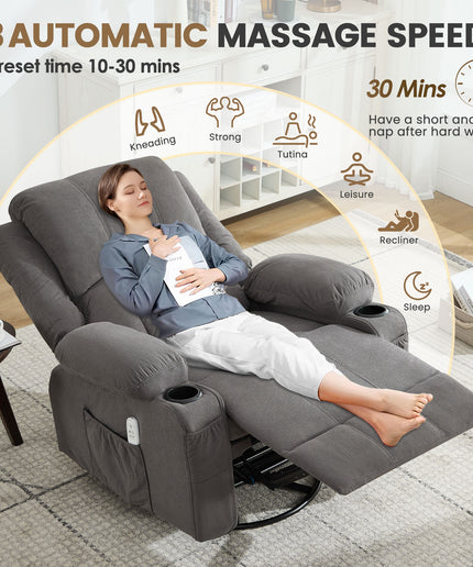 JONPONY Kneading Massage Rocker Recliner Chair with 4-Point 3D Kneading Massage and Heat Ergonomic Lounge Chair for Living Room with Rocking Function and 2 Cup Holders, USB Charge Port,Grey
