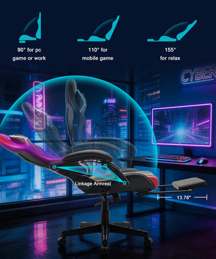 JONPONY Gaming Chair,Racing Style RGB LED Lights,Ergonomic Video Game Chair with Footrest and Lumbar Support ,High Back Reclining Computer Chair for Adults