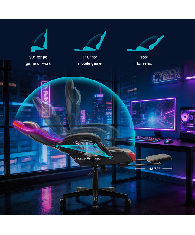 JONPONY Gaming Chair,Racing Style RGB LED Lights,Ergonomic Video Game Chair with Footrest and Lumbar Support ,High Back Reclining Computer Chair for Adults