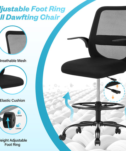JONPONY 450LBS Office Drafting Chair, Executive Rolling Swivel Chair with Adjustable Foot Ring and Flip-Up Arms, Comfy Thicken Cushion, Breathable Mesh Standing Desk Chair, Black