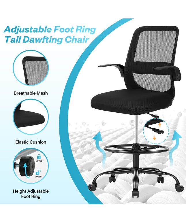 JONPONY 450LBS Office Drafting Chair, Executive Rolling Swivel Chair with Adjustable Foot Ring and Flip-Up Arms, Comfy Thicken Cushion, Breathable Mesh Standing Desk Chair, Black