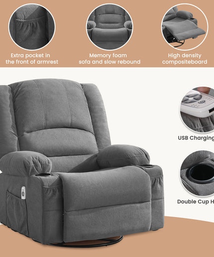 JONPONY Heated Manual Massage Recliner with 360° Swivel Rocker, Comfy Single Sofa with Side Pockets and Cup Holders for Living Room, Bedroom, and Home Theater