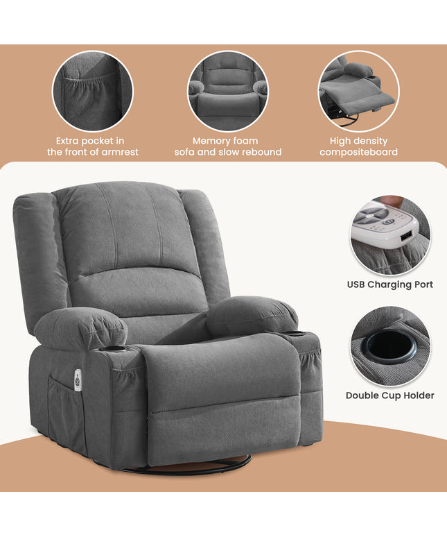 JONPONY Heated Manual Massage Recliner with 360° Swivel Rocker, Comfy Single Sofa with Side Pockets and Cup Holders for Living Room, Bedroom, and Home Theater
