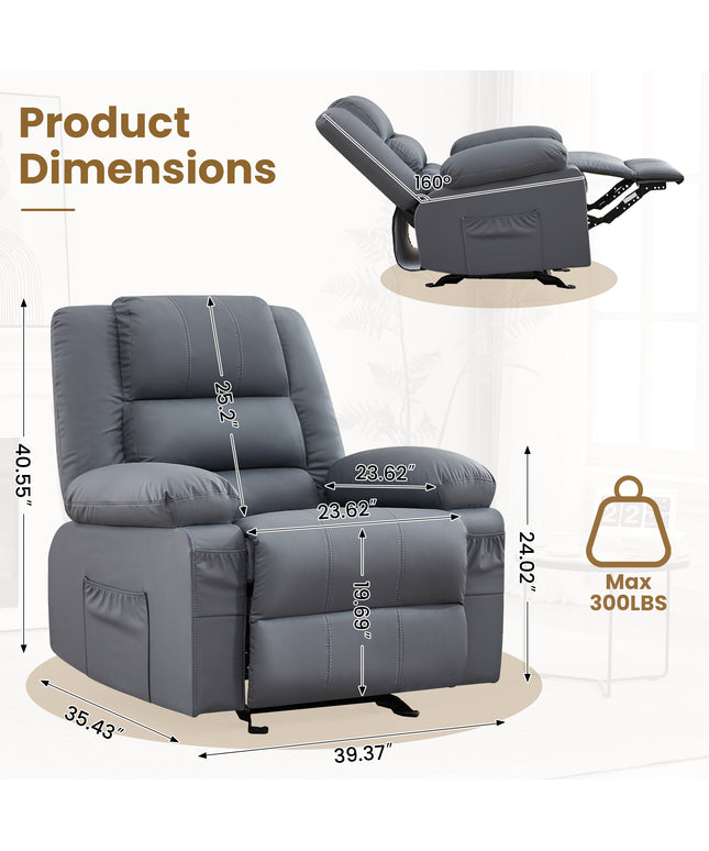 JONPONY Home Modern Comfort Reclining Chair,Elderly Single Rocker Sofa with Side Pocket for Bedroom Home Theater,Grey