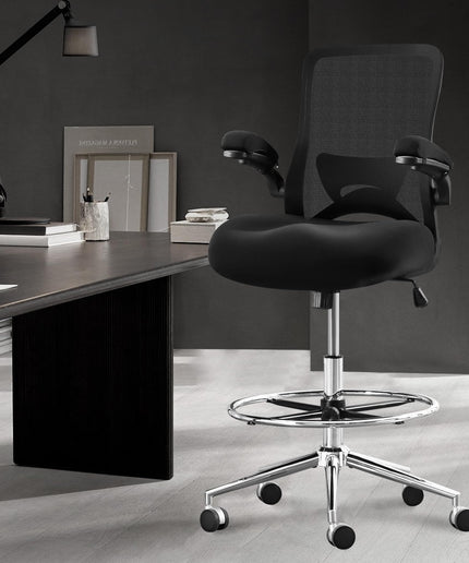 JONPONY 500lbs Tall Drafting Chair for Standing Desk with Flip-up Armrests, Pressure Locking Casters, W-Shape Thicken Cushion, Breathable Mesh Extended Height Office Chairs,Black