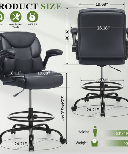 JONPONY Tall Office Chair for Standing Desk, Ergonomic High Leather Executive Office Chair with Flip-up Armrest,and Adjustable Foot Ring for Counter Height Desk,Black