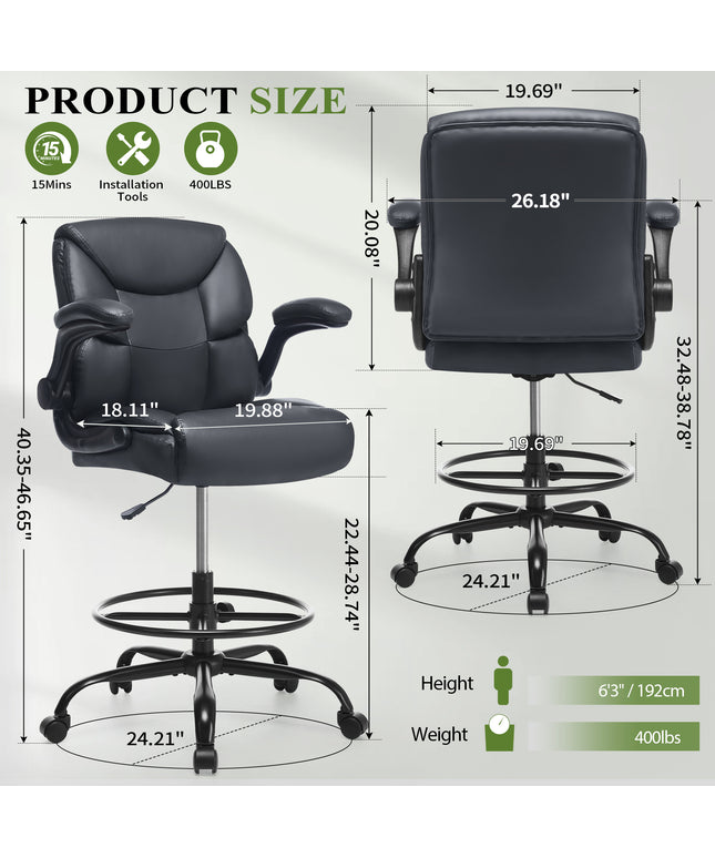 JONPONY Tall Office Chair for Standing Desk, Ergonomic High Leather Executive Office Chair with Flip-up Armrest,and Adjustable Foot Ring for Counter Height Desk,Black