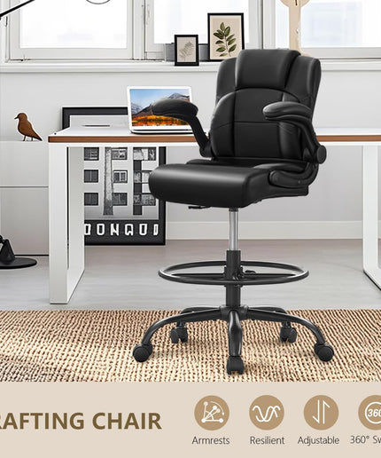 JONPONY 500 lbs Tall Office Chair with Flip-up Armrests for Standing Desk Executive Ergonomic Computer Leather Desk Chair with Lumbar Support, Adjustable Foot Ring for Home,Black