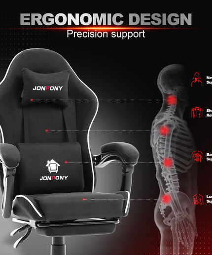 JONPONY Gaming Chair,400LBS Fabric Gamer Chair with footrest for Adults, High Back Ergonomic Computer Game Chair with Adjustable Headrest and Lumbar Support,Black