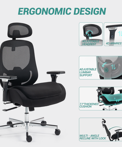 JONPONY 750 LBS Big and Tall Office Chair, Heavy Duty Executive Chair w/4D Arms, Ergonomic Computer Home Desk Chair, Swivel Mesh Chair w/2D Lumbar Support, Adjustable Headrest, Tilt Lock-Black