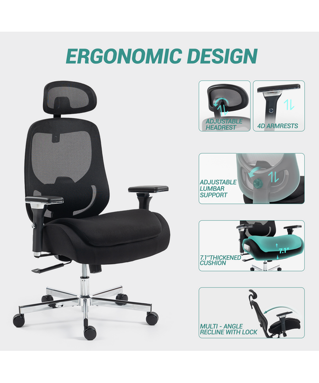 JONPONY 750 LBS Big and Tall Office Chair, Heavy Duty Executive Chair w/4D Arms, Ergonomic Computer Home Desk Chair, Swivel Mesh Chair w/2D Lumbar Support, Adjustable Headrest, Tilt Lock-Black