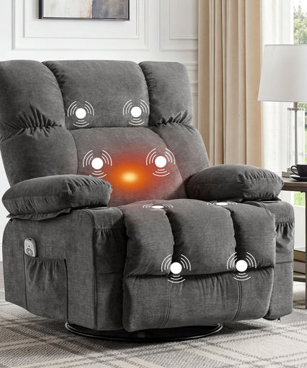 JONPONY Manual Recliner Chair with Heat Therapy and Massage Function, Heavy Duty Reclining Mechanism Massage Chair, Elderly Single Rocker Sofa with Cup Holders for Bedroom Home Theater,Grey