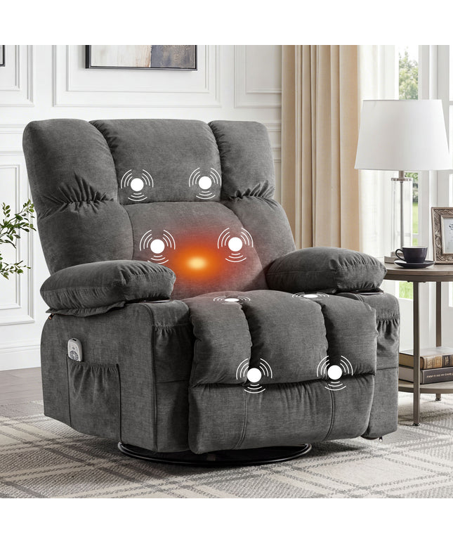 JONPONY Manual Recliner Chair with Heat Therapy and Massage Function, Heavy Duty Reclining Mechanism Massage Chair, Elderly Single Rocker Sofa with Cup Holders for Bedroom Home Theater,Grey