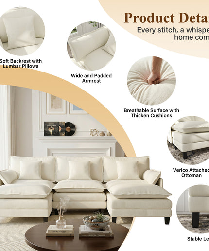 Jonpony Modular Sectional Sofa, Comfy Cloud Couch with Movable Ottoman, Deep Seat Couches for Living Room, Bedroom and Apartment, 106" U Shaped Modern Sofa with Pillows, Beige