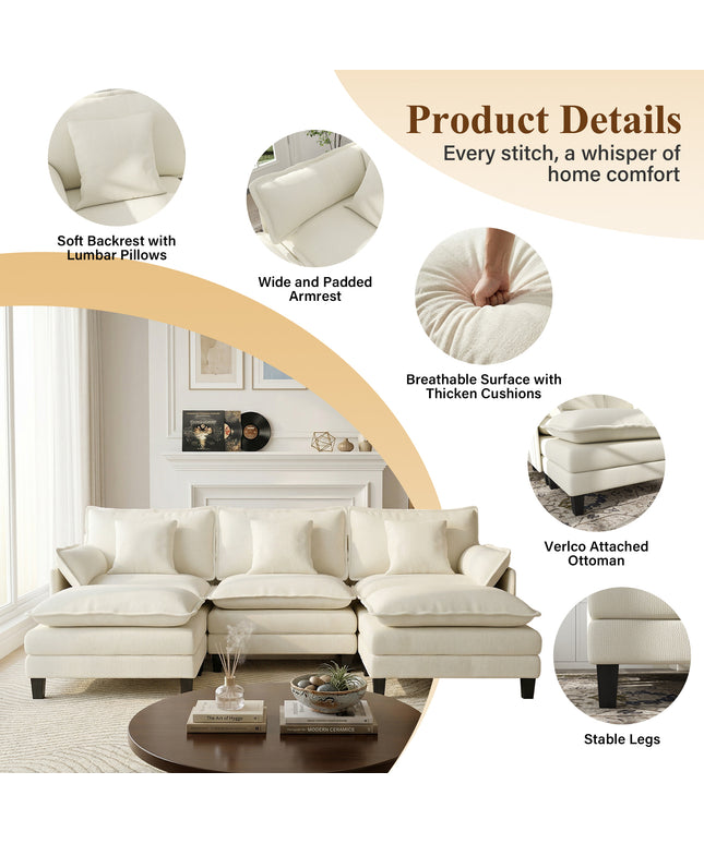 Jonpony Modular Sectional Sofa, Comfy Cloud Couch with Movable Ottoman, Deep Seat Couches for Living Room, Bedroom and Apartment, 106" U Shaped Modern Sofa with Pillows, Beige