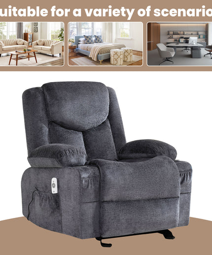 JONPONY Manual Recliner Chair with Heat Therapy and Massage Function, Heavy Duty Reclining Mechanism Massage Chair, Elderly Single Rocker Sofa with Cup Holders for Bedroom Home Theater,Grey