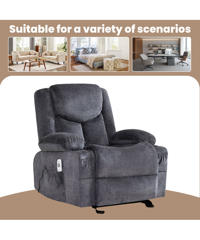 JONPONY Manual Recliner Chair with Heat Therapy and Massage Function, Heavy Duty Reclining Mechanism Massage Chair, Elderly Single Rocker Sofa with Cup Holders for Bedroom Home Theater,Grey