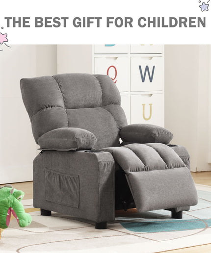 JONPONY Kids Recliner Chair,Push Back Toddler Recliner with Cup Holders & Side Pockets,Adjustable Footrest & Headrest Kids Sofa for Boys Girls 3+ Age Group, Grey