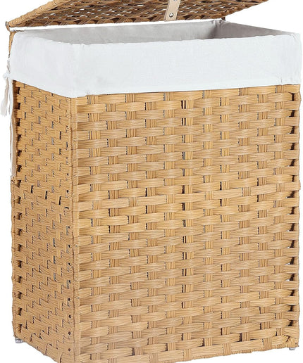 JONPONY Wicker Laundry Basket with Lid, 24 Gallon (91L) Woven Laundry Hamper with Handles, Foldable Rattan Clothes Hamper with Removable Liner & Sturdy Steel Frame