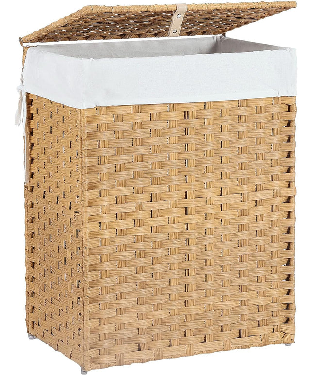 JONPONY Wicker Laundry Basket with Lid, 24 Gallon (91L) Woven Laundry Hamper with Handles, Foldable Rattan Clothes Hamper with Removable Liner & Sturdy Steel Frame