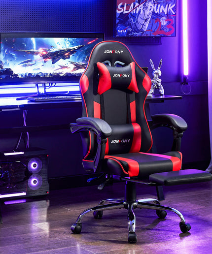 JONPONY Big and Tall Gaming Chair, Ergonomic Design, Gamer Chair PU Leather with Footrest and Lumbar Support, High Back Office Chair Support 8 Hours Long Sitting, Computer Chair,Black RED