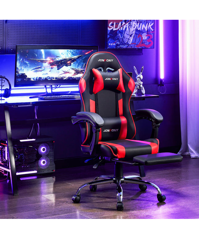JONPONY Big and Tall Gaming Chair, Ergonomic Design, Gamer Chair PU Leather with Footrest and Lumbar Support, High Back Office Chair Support 8 Hours Long Sitting, Computer Chair,Black RED