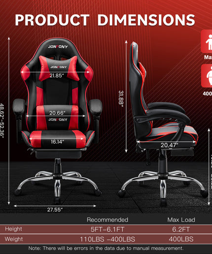 JONPONY Big and Tall Gaming Chair, Ergonomic Design, Gamer Chair PU Leather with Footrest and Lumbar Support, High Back Office Chair Support 8 Hours Long Sitting, Computer Chair,Black RED