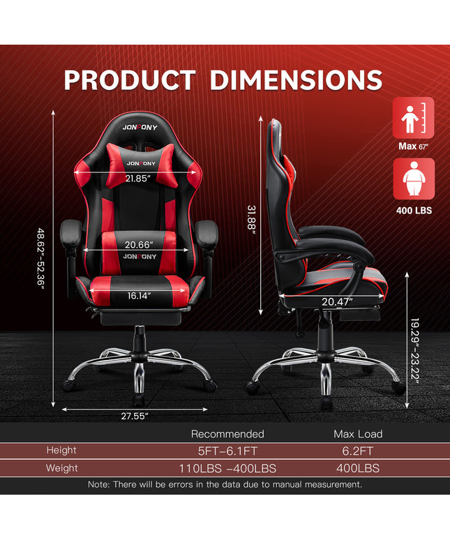JONPONY Big and Tall Gaming Chair, Ergonomic Design, Gamer Chair PU Leather with Footrest and Lumbar Support, High Back Office Chair Support 8 Hours Long Sitting, Computer Chair,Black RED
