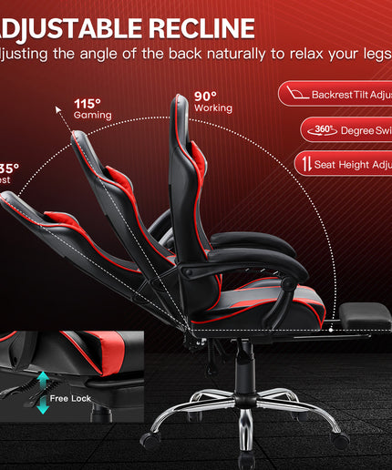 JONPONY Big and Tall Gaming Chair, Ergonomic Design, Gamer Chair PU Leather with Footrest and Lumbar Support, High Back Office Chair Support 8 Hours Long Sitting, Computer Chair,Black RED
