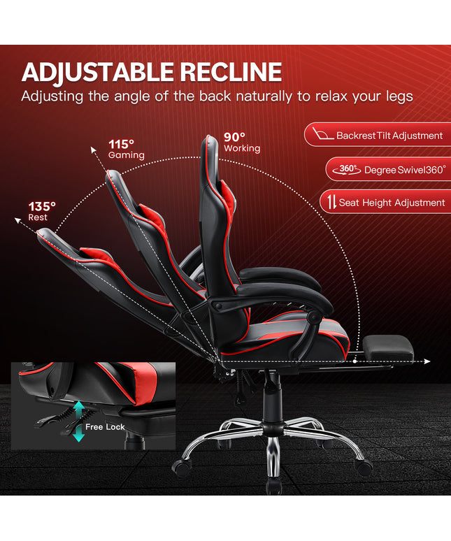 JONPONY Big and Tall Gaming Chair, Ergonomic Design, Gamer Chair PU Leather with Footrest and Lumbar Support, High Back Office Chair Support 8 Hours Long Sitting, Computer Chair,Black RED