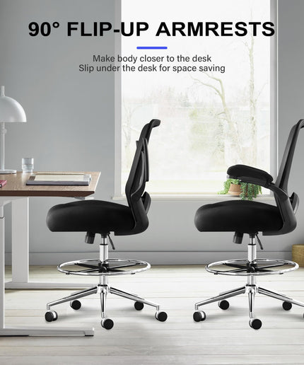 JONPONY 500lbs Tall Drafting Chair for Standing Desk with Flip-up Armrests, Pressure Locking Casters, W-Shape Thicken Cushion, Breathable Mesh Extended Height Office Chairs,Black