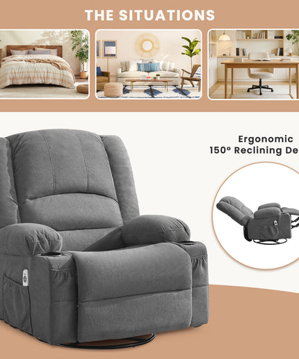 JONPONY Heated Manual Massage Recliner with 360° Swivel Rocker, Comfy Single Sofa with Side Pockets and Cup Holders for Living Room, Bedroom, and Home Theater