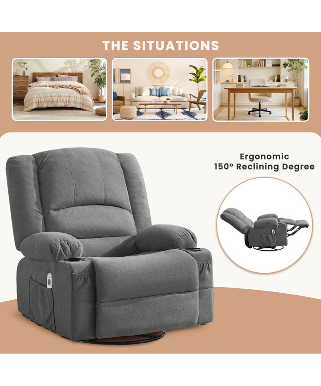 JONPONY Heated Manual Massage Recliner with 360° Swivel Rocker, Comfy Single Sofa with Side Pockets and Cup Holders for Living Room, Bedroom, and Home Theater