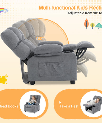 JONPONY Kids Recliner Chair, Push Back Toddler Recliner with Cup Holders & Side Pockets，Adjustable Footrest & Headrest Kids Sofa for Boys Girls 3+ Age Group, Children's Bedroom Furniture, Grey