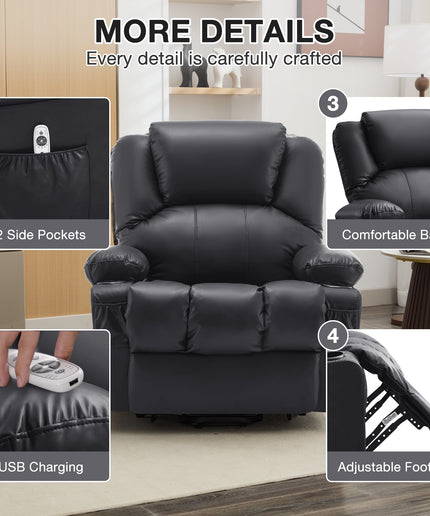 JONPONY Power Lift Recliner Chair Recliners for Elderly with Heat and Massage Recliner Chair for Living Room with Infinite Position and Side Pocket,USB Charge Port,Black