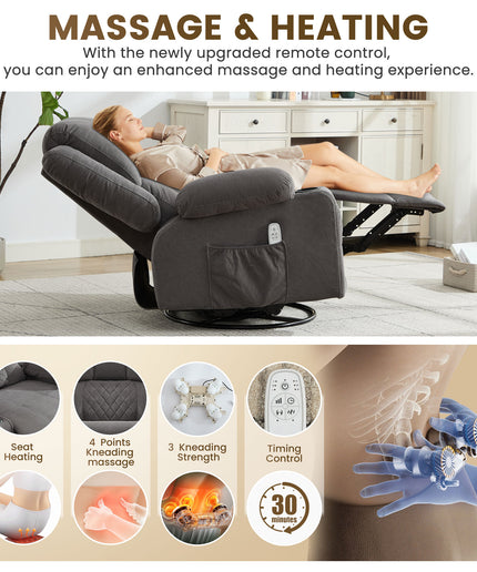 JONPONY Kneading Massage Rocker Recliner Chair with 4-Point 3D Kneading Massage and Heat Ergonomic Lounge Chair for Living Room with Rocking Function and 2 Cup Holders, USB Charge Port,Grey