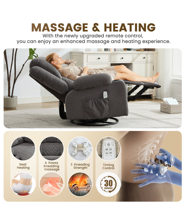 JONPONY Kneading Massage Rocker Recliner Chair with 4-Point 3D Kneading Massage and Heat Ergonomic Lounge Chair for Living Room with Rocking Function and 2 Cup Holders, USB Charge Port,Grey