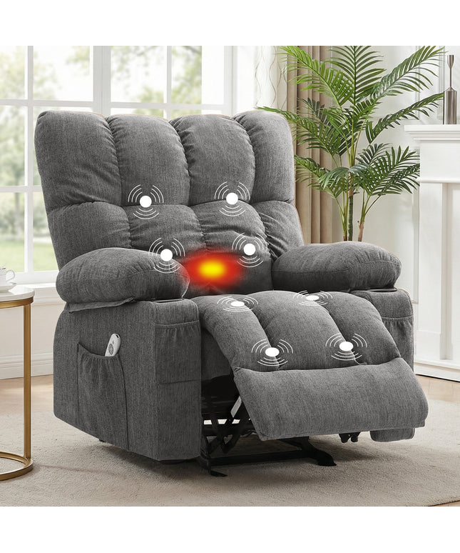 JONPONY Recliner Chair, Swivel Rocker Recliner Chair for Adults, Upholstered Manual Recliner with Side Pockets,Elderly Single Rocker Sofa with Cup Holders for Bedroom Home Theater,Grey