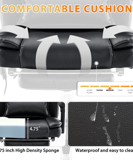 JONPONY Big and Tall Office Chair 500LBS Executive Office Chair Massage and Footrest Ergonomic Computer Desk Chair Reclining High Back Leather Office Chair Lumbar Back Support Swivel Rolling,Black