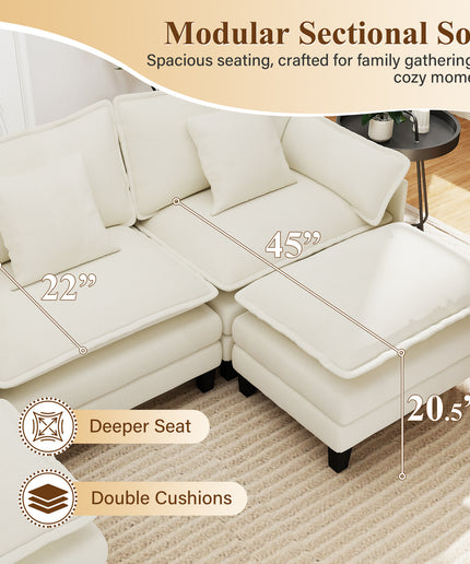 Jonpony Modular Sectional Sofa, Comfy Cloud Couch with Movable Ottoman, Deep Seat Couches for Living Room, Bedroom and Apartment, 106" U Shaped Modern Sofa with Pillows, Beige