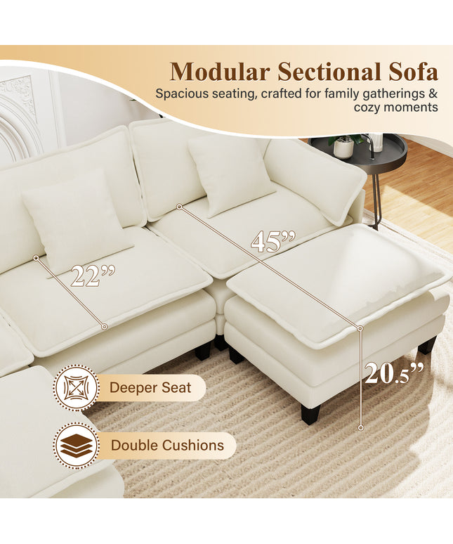 Jonpony Modular Sectional Sofa, Comfy Cloud Couch with Movable Ottoman, Deep Seat Couches for Living Room, Bedroom and Apartment, 106" U Shaped Modern Sofa with Pillows, Beige