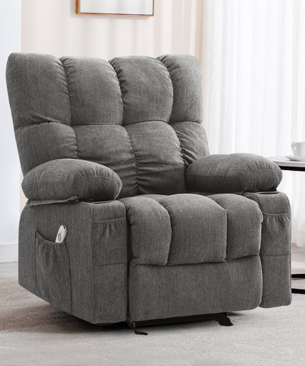 JONPONY Recliner Chair, Swivel Rocker Recliner Chair for Adults, Upholstered Manual Recliner with Side Pockets,Elderly Single Rocker Sofa with Cup Holders for Bedroom Home Theater,Grey
