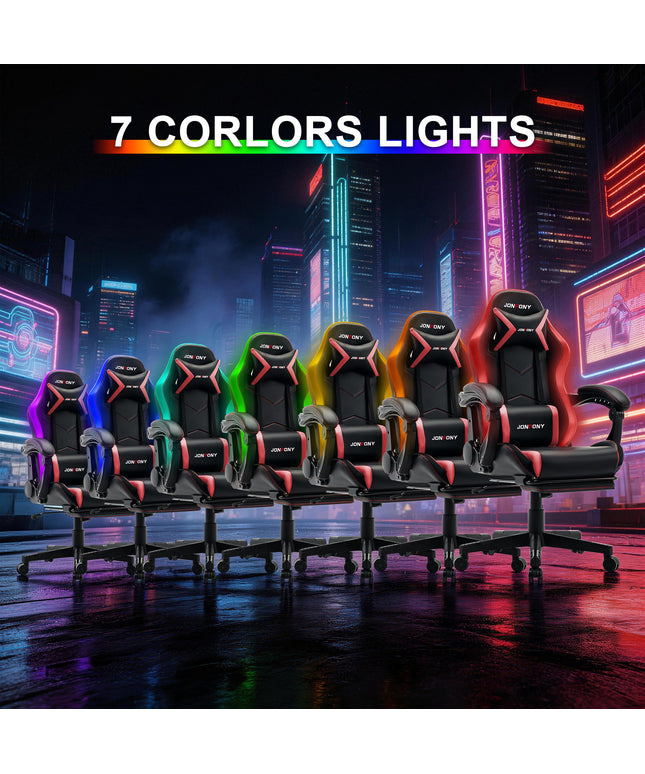 JONPONY Gaming Chair,Racing Style RGB LED Lights,Ergonomic Video Game Chair with Footrest and Lumbar Support ,High Back Reclining Computer Chair for Adults