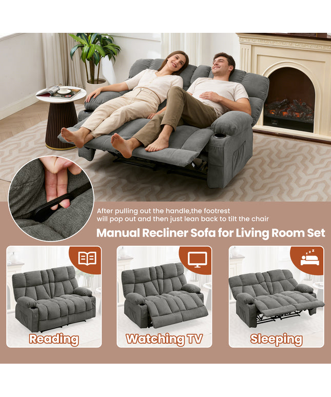 JONPONY Loveseat Recliner, Reclining Sofa with Cup-Holders, 2-Seater Couch for Living Room, Grey