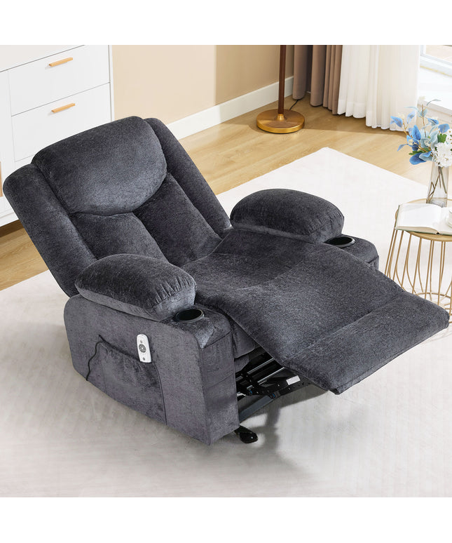 JONPONY Manual Recliner Chair with Heat Therapy and Massage Function, Heavy Duty Reclining Mechanism Massage Chair, Elderly Single Rocker Sofa with Cup Holders for Bedroom Home Theater,Grey